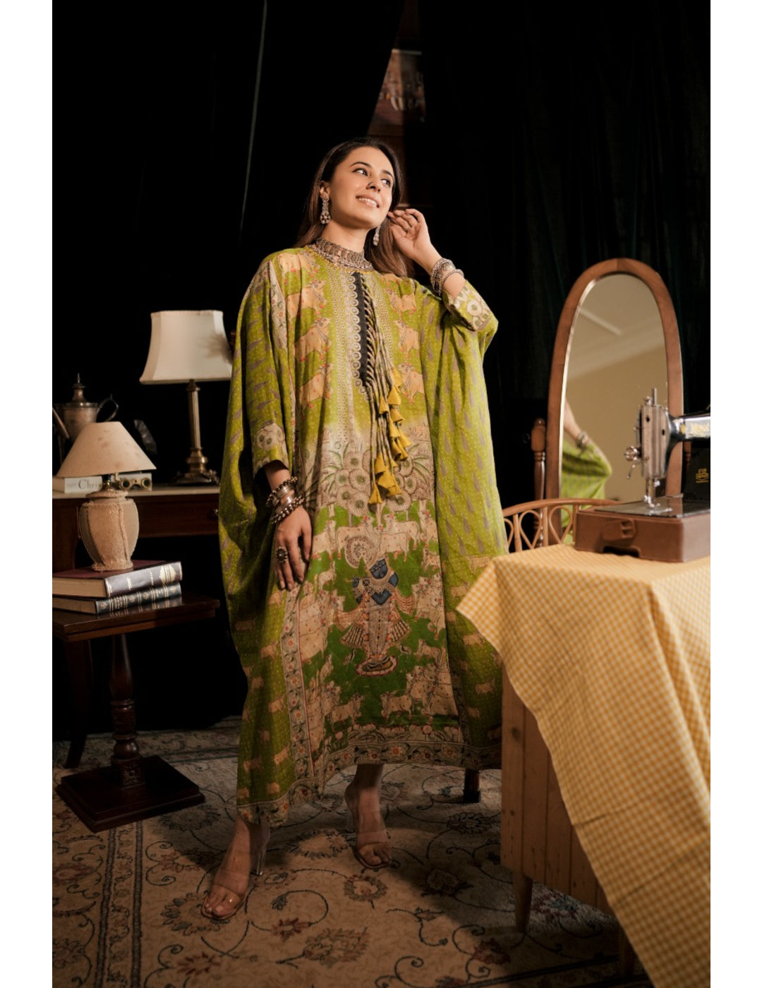 Vishnu Green Banarasi Cotton Kaftan Kurta Dress