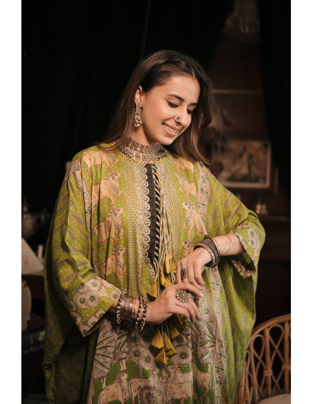 Vishnu Green Banarasi Cotton Kaftan Kurta Dress