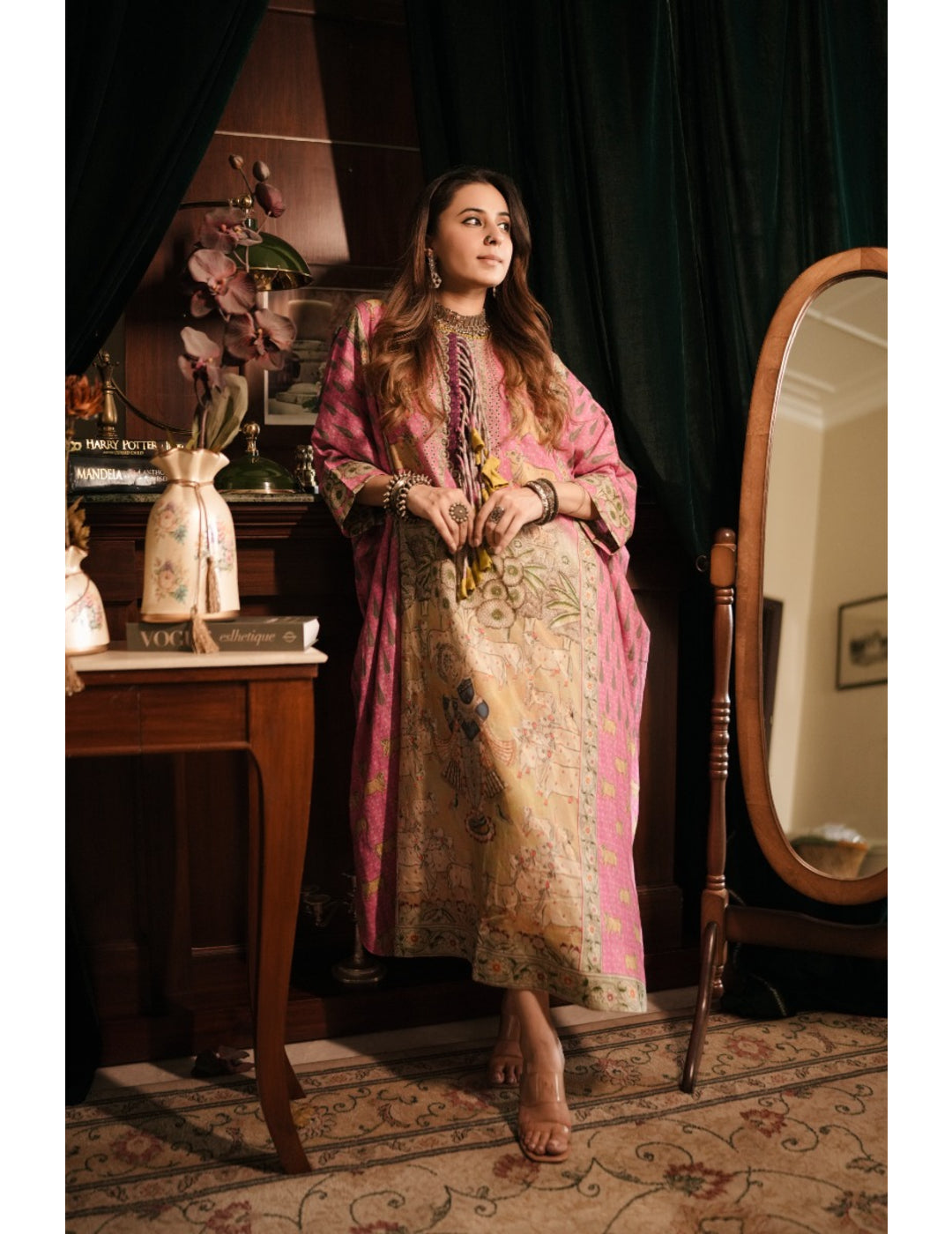 The Boozy Button Vishnu Pink Banarasi Cotton Kaftan Kurta Dress