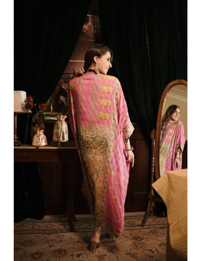 The Boozy Button Vishnu Pink Banarasi Cotton Kaftan Kurta Dress