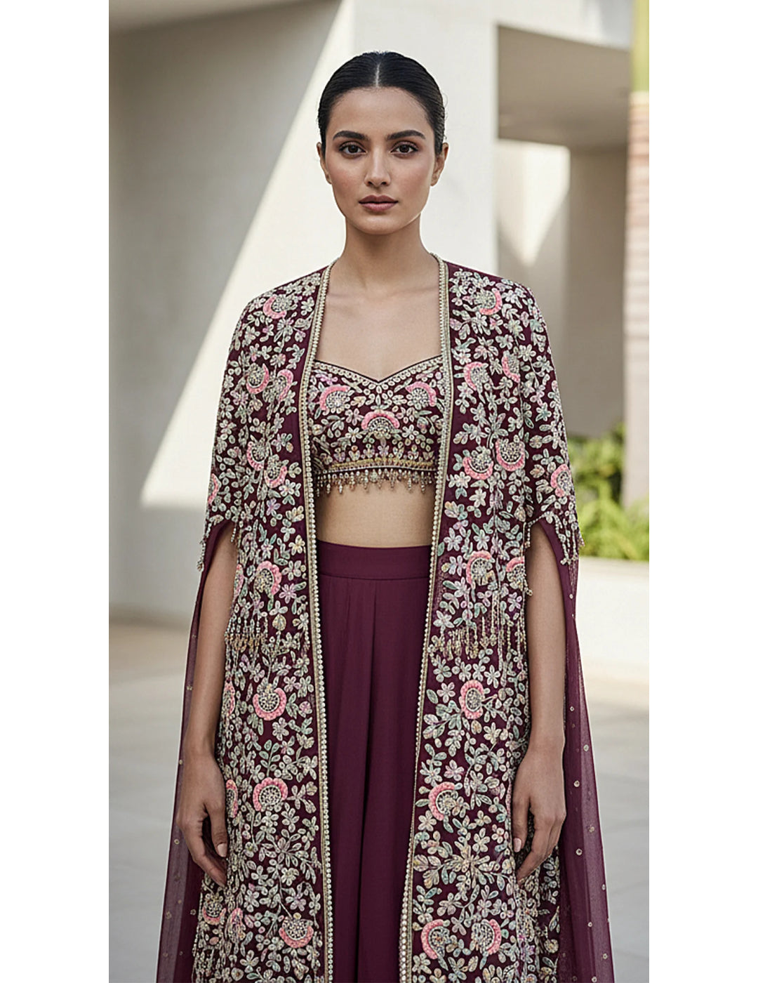 The Imperial Plum Embroidered Cape Set