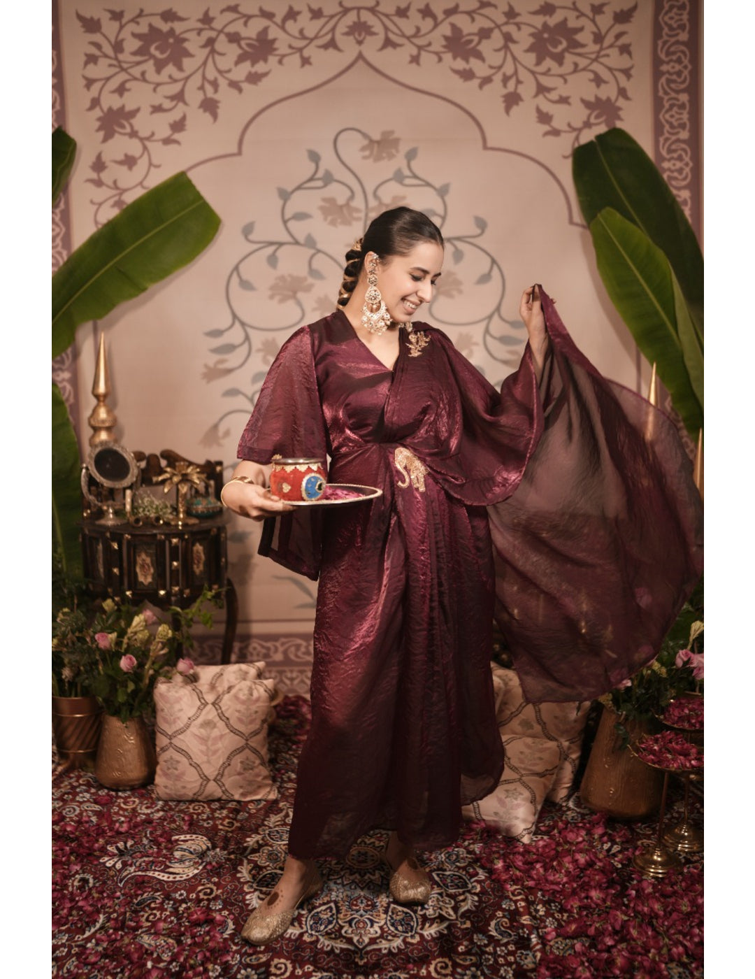 The Boozy Button Haathi Red Tissue Silk Gown Saree Dress