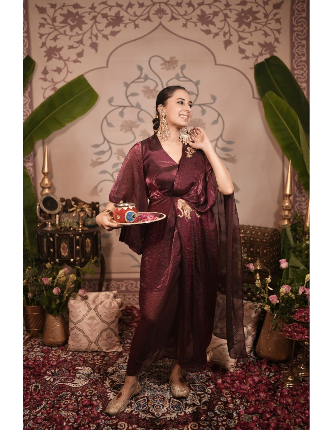 The Boozy Button Haathi Red Tissue Silk Gown Saree Dress