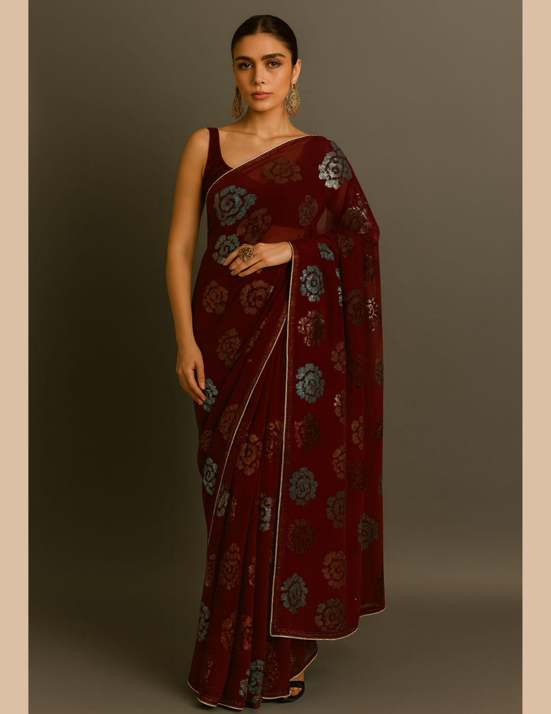 Maroon Rose Sequins Saree