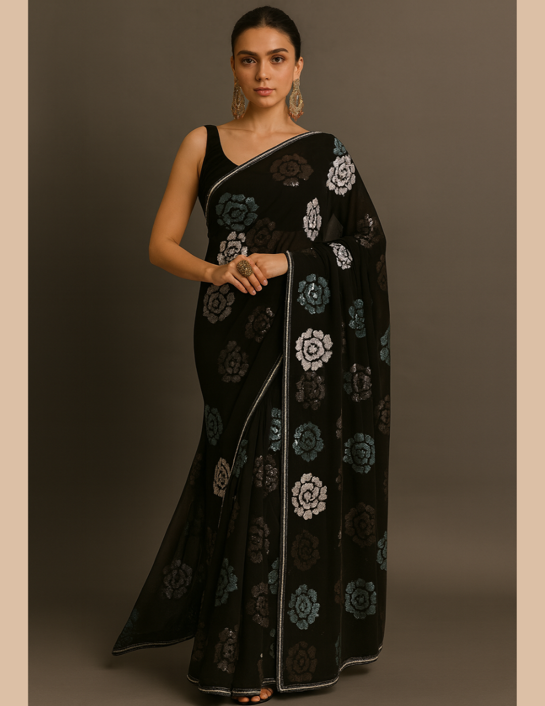 Black & White Sequins Saree