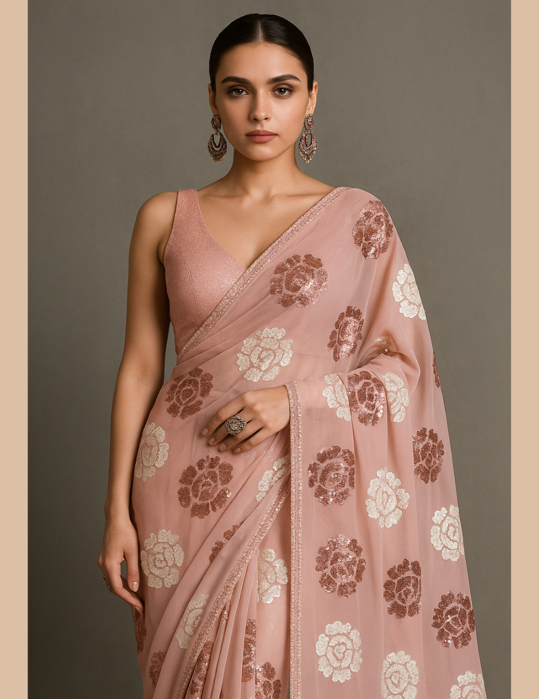 Pink Rose Sequins Saree