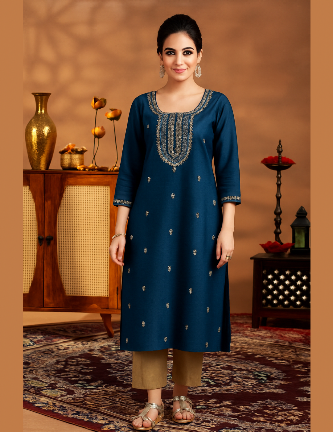 Blue Embellished Silk Kurta