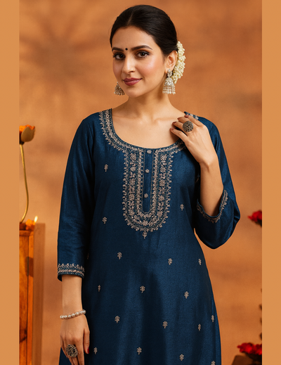 Blue Embellished Silk Kurta