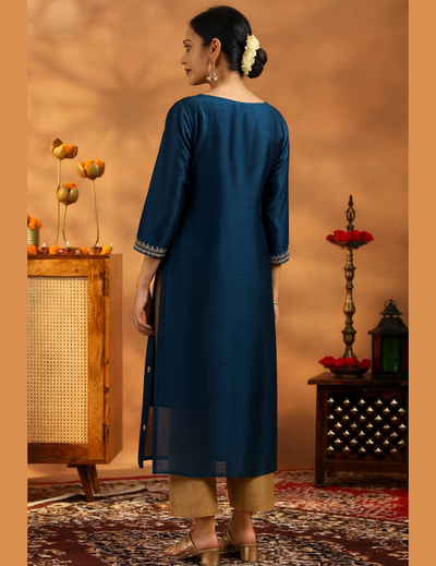 Blue Embellished Silk Kurta
