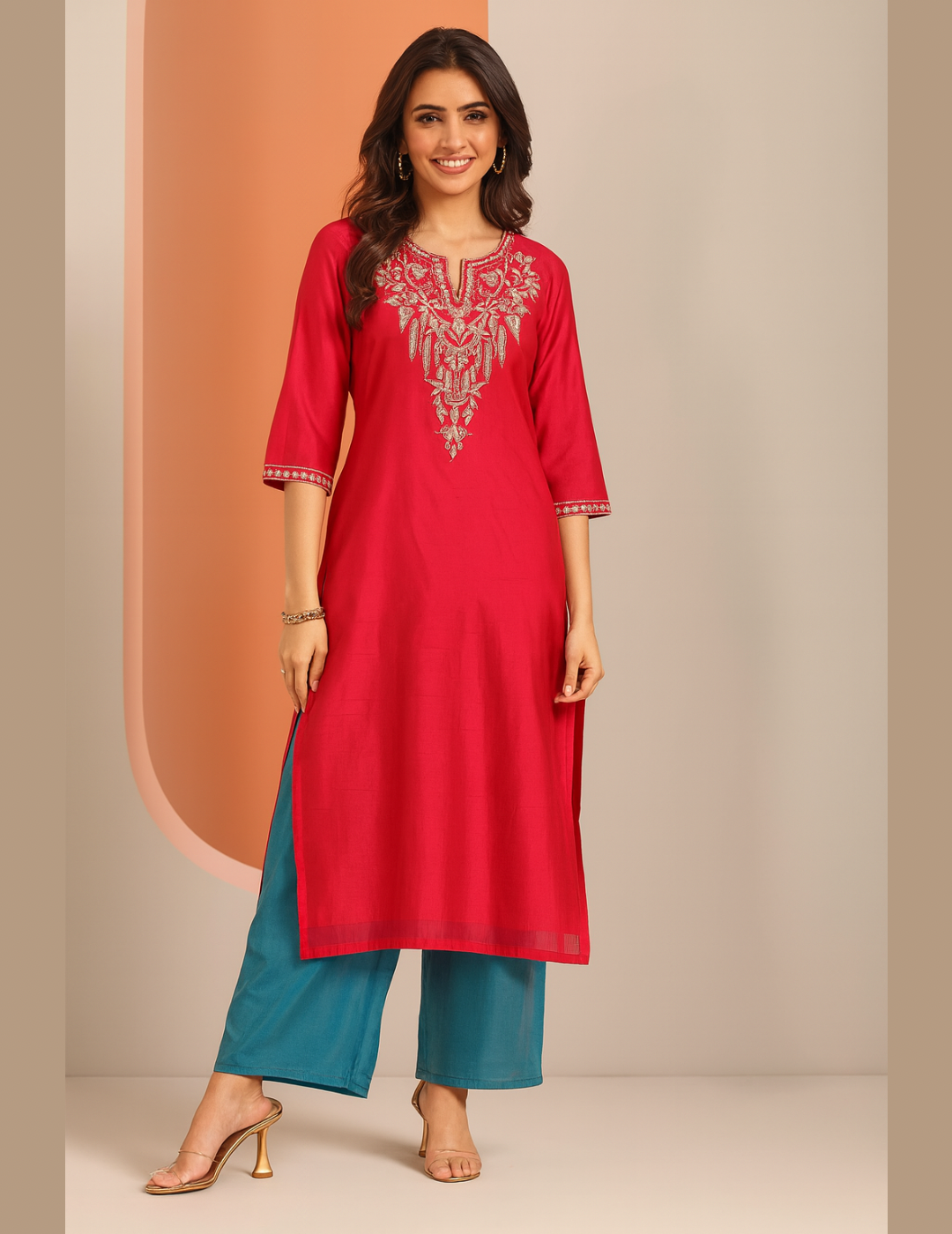 Red Embellished Silk Kurta