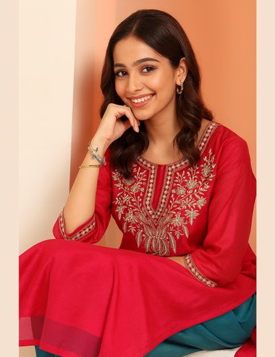 Red Embellished Silk Kurta