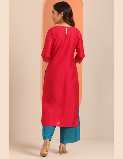 Red Embellished Silk Kurta