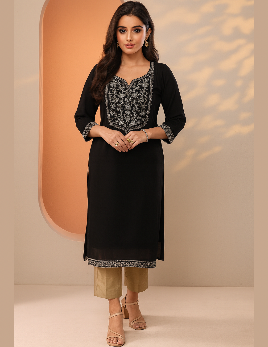 Black Embellished Silk Kurta