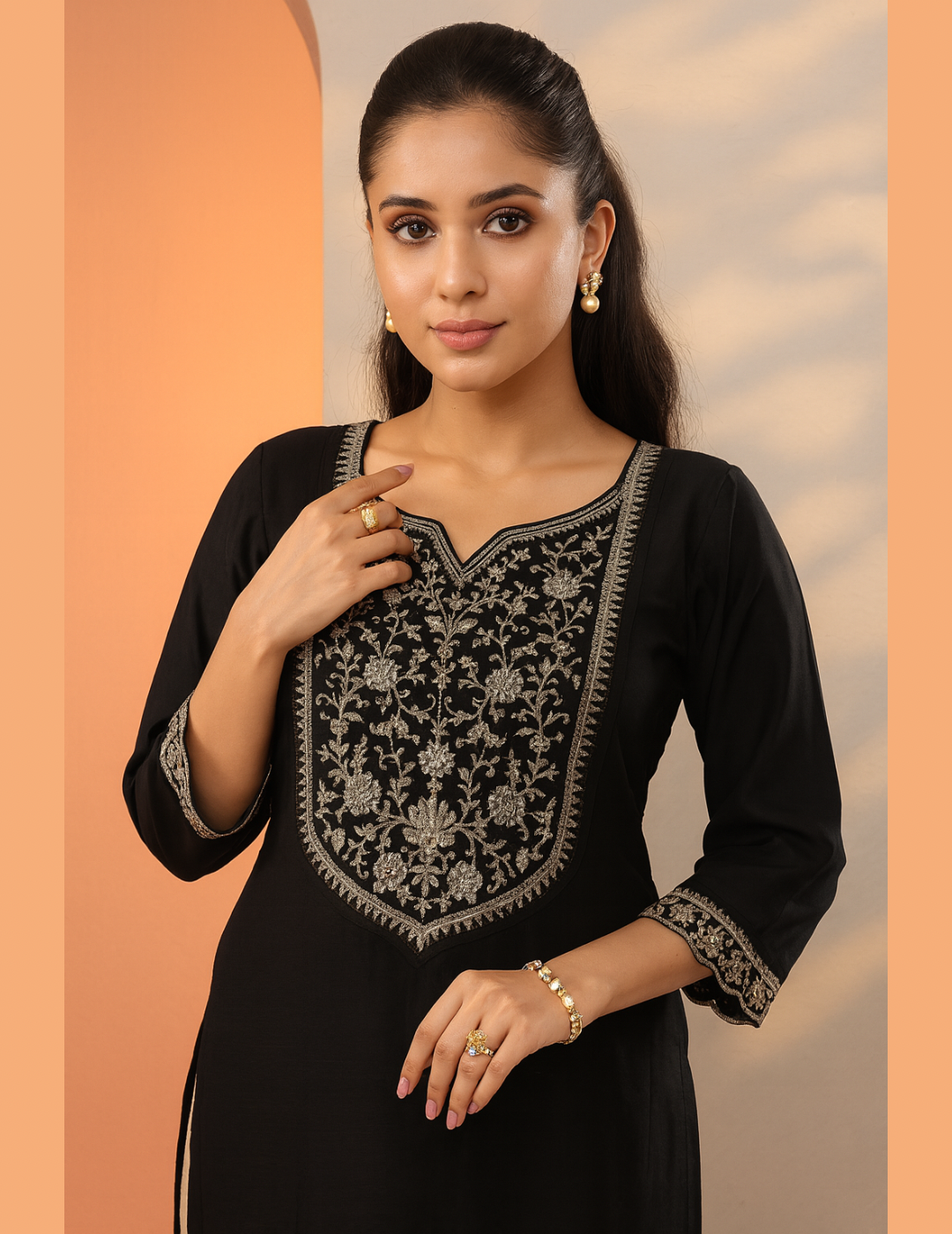 Black Embellished Silk Kurta