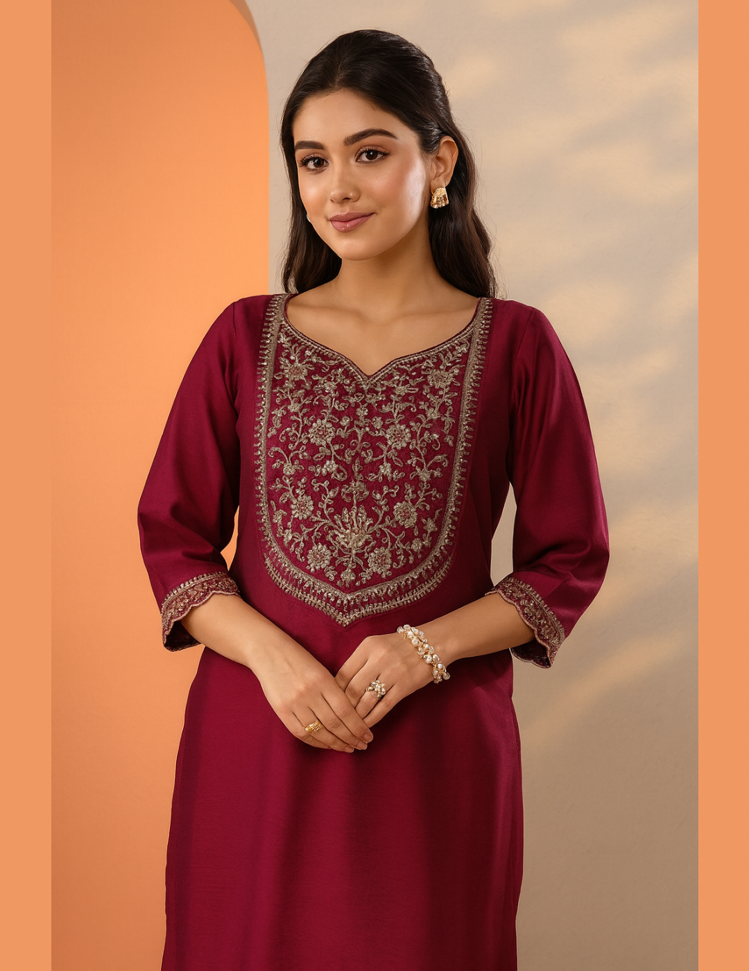 Maroon Embellished Silk Kurta
