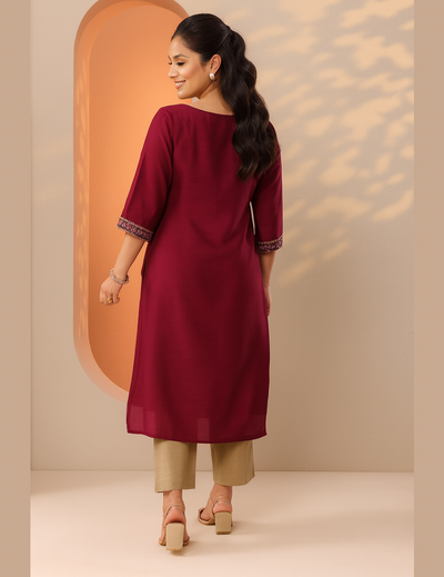 Maroon Embellished Silk Kurta