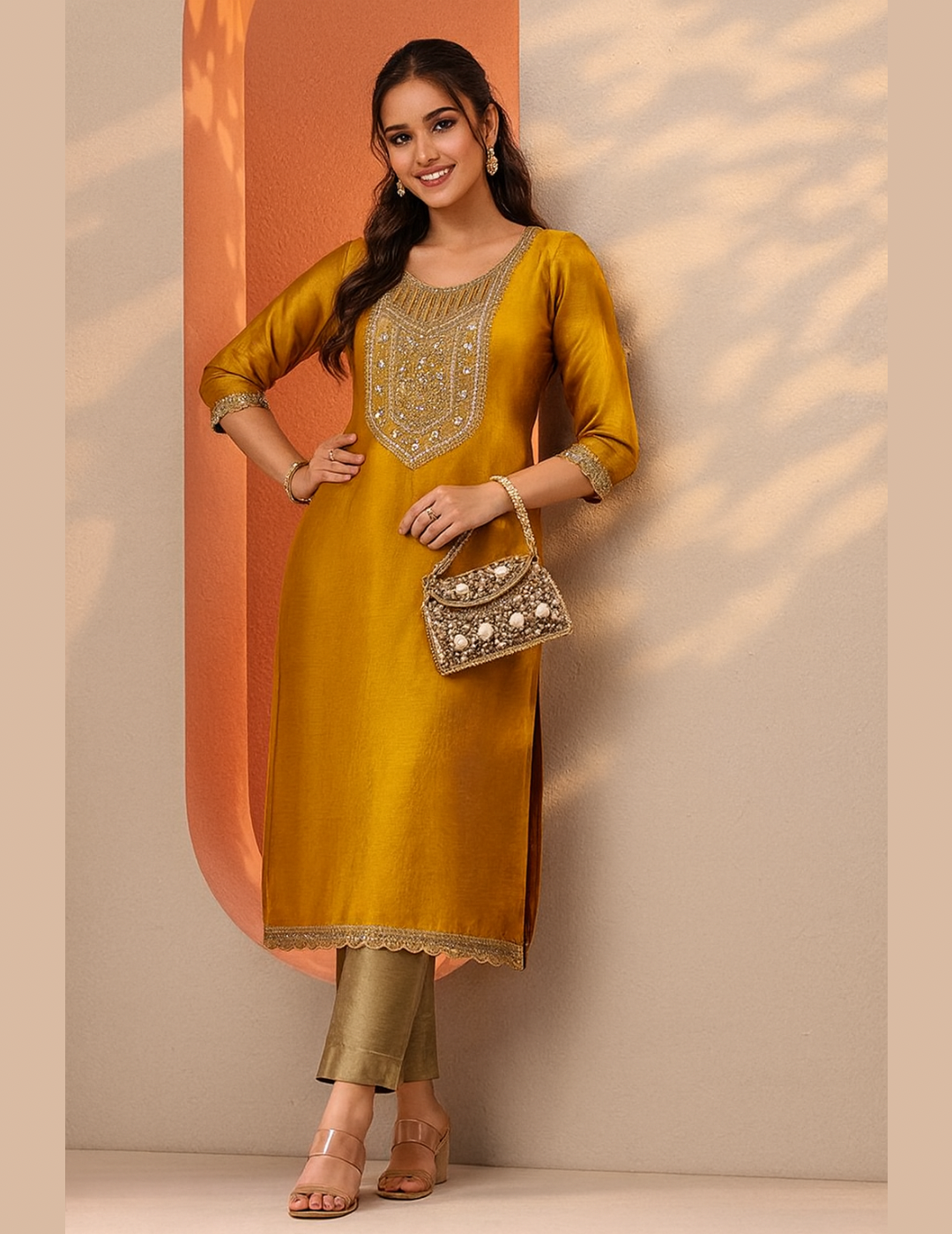 Mustard  Embellished Silk Kurta