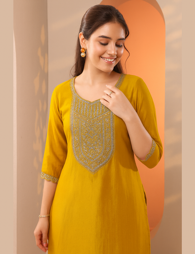 Mustard  Embellished Silk Kurta