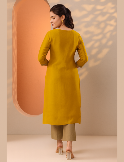 Mustard  Embellished Silk Kurta