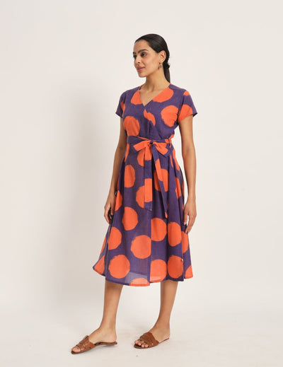 Fit-and-flare orange and purple dress with belt.
