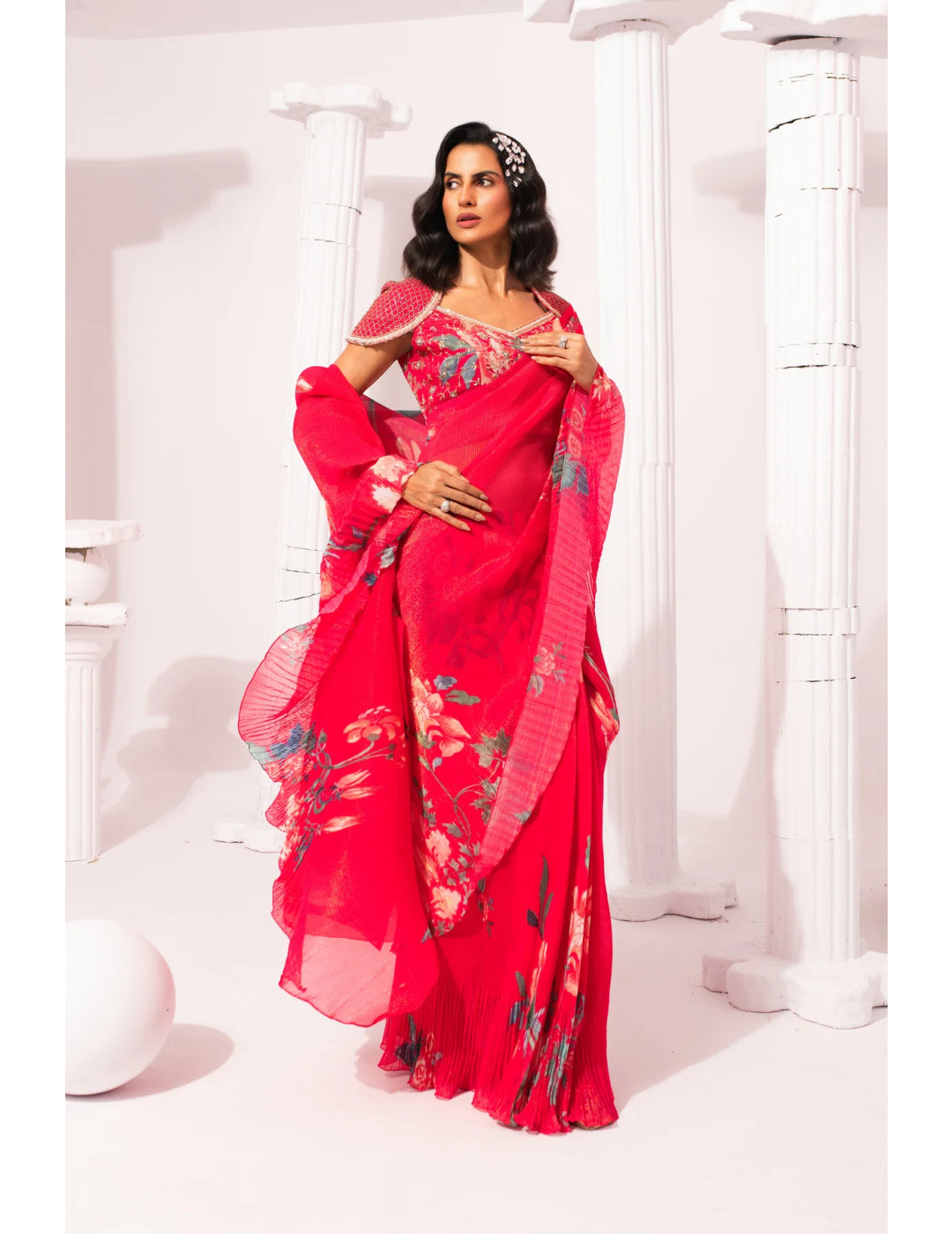 Wildflower Muse Cherry Pink Pre-Draped Saree
