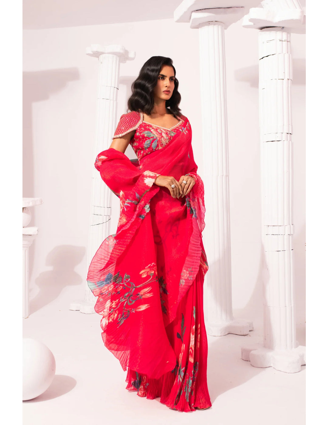Wildflower Muse Cherry Pink Pre-Draped Saree