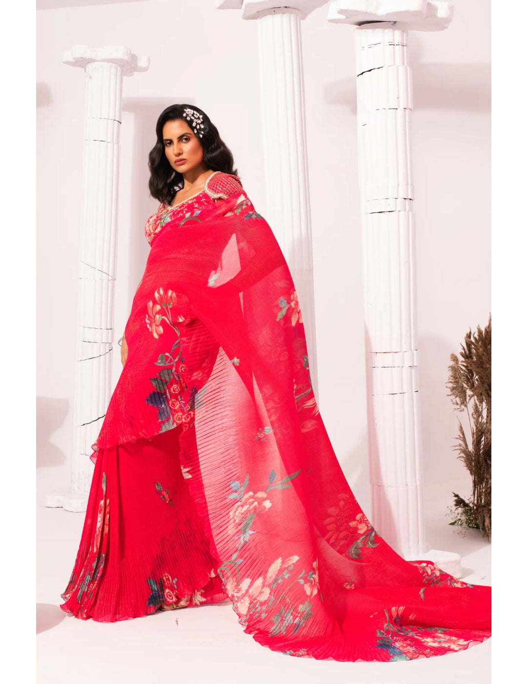 Wildflower Muse Cherry Pink Pre-Draped Saree