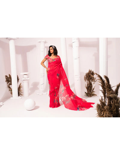 Wildflower Muse Cherry Pink Pre-Draped Saree