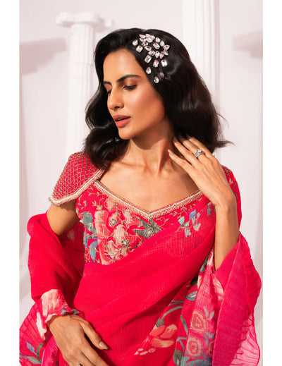 Wildflower Muse Cherry Pink Pre-Draped Saree