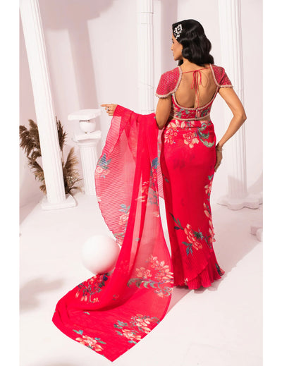 Wildflower Muse Cherry Pink Pre-Draped Saree