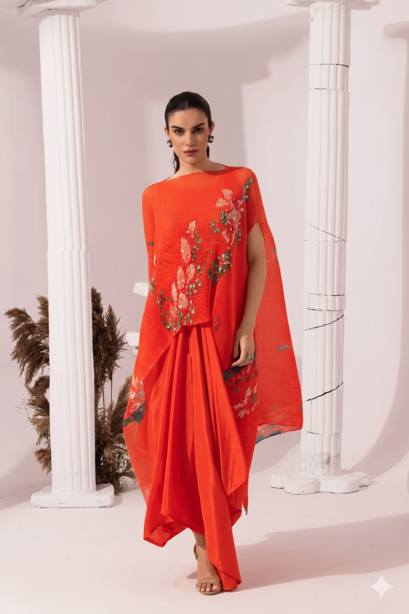 Wildflower Muse Orangey Red Kaftan & Dhoti