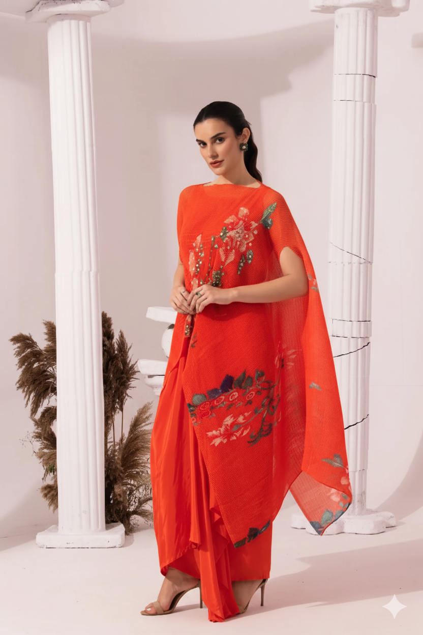 Wildflower Muse Orangey Red Kaftan & Dhoti