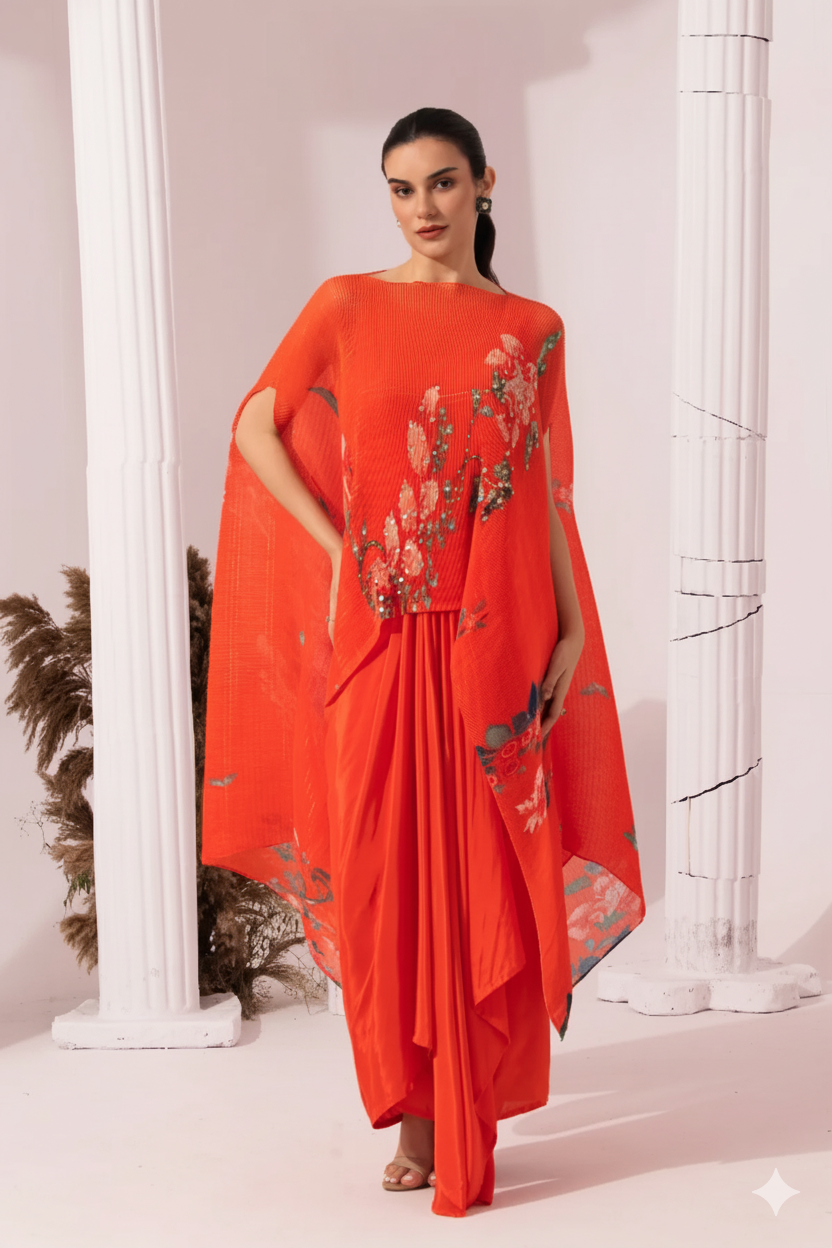 Wildflower Muse Orangey Red Kaftan & Dhoti