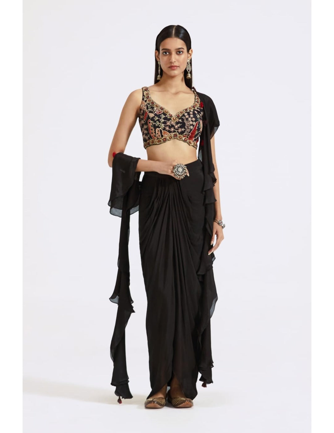 Black Pre draped Sari