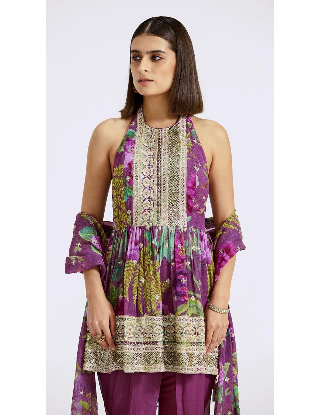 Purple Peplum Kurta Dhoti Set