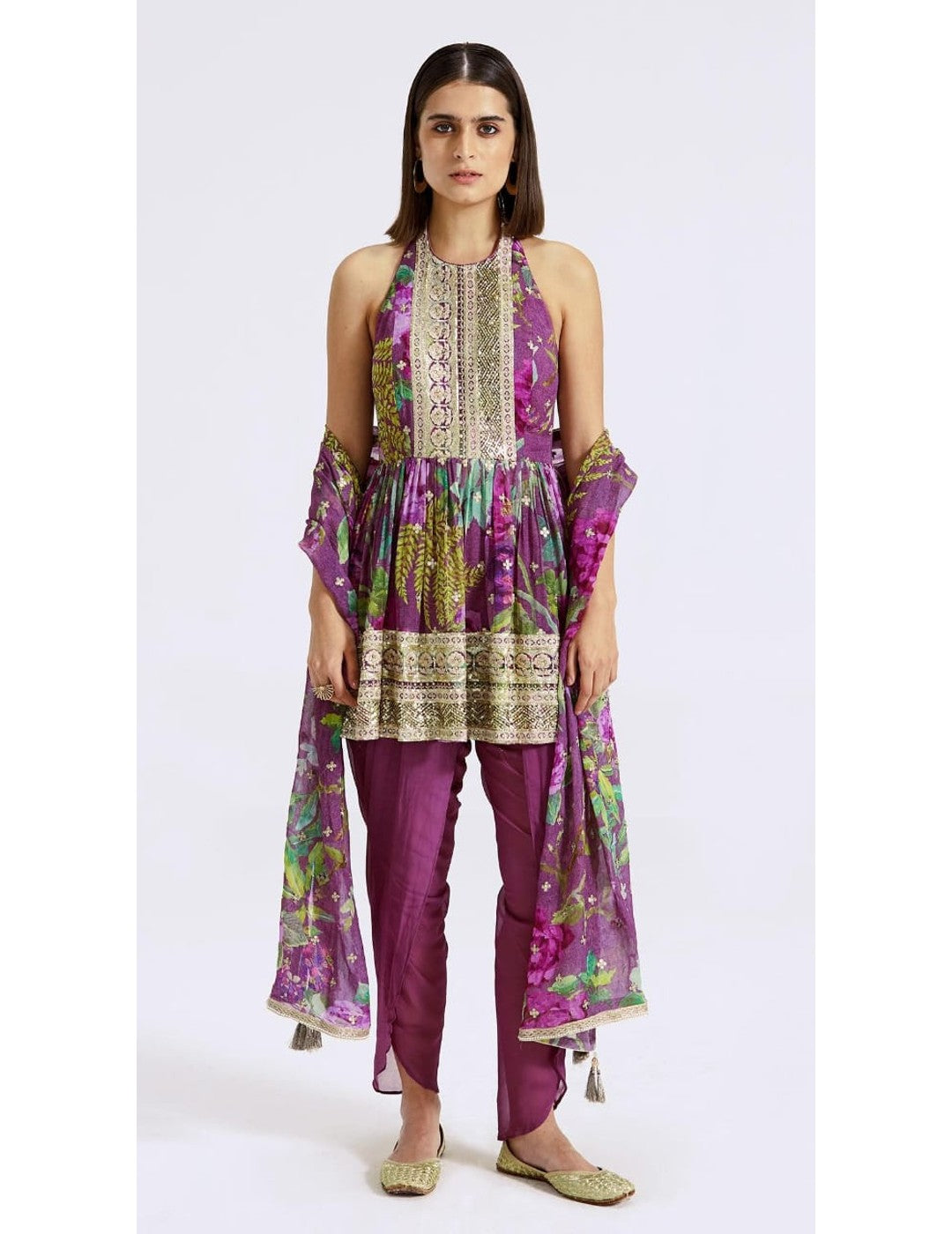 紫色 Peplum Kurta Dhoti 套装