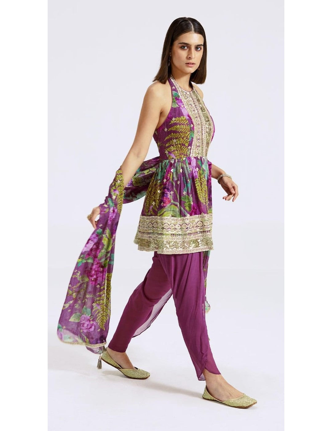 Purple Peplum Kurta Dhoti Set