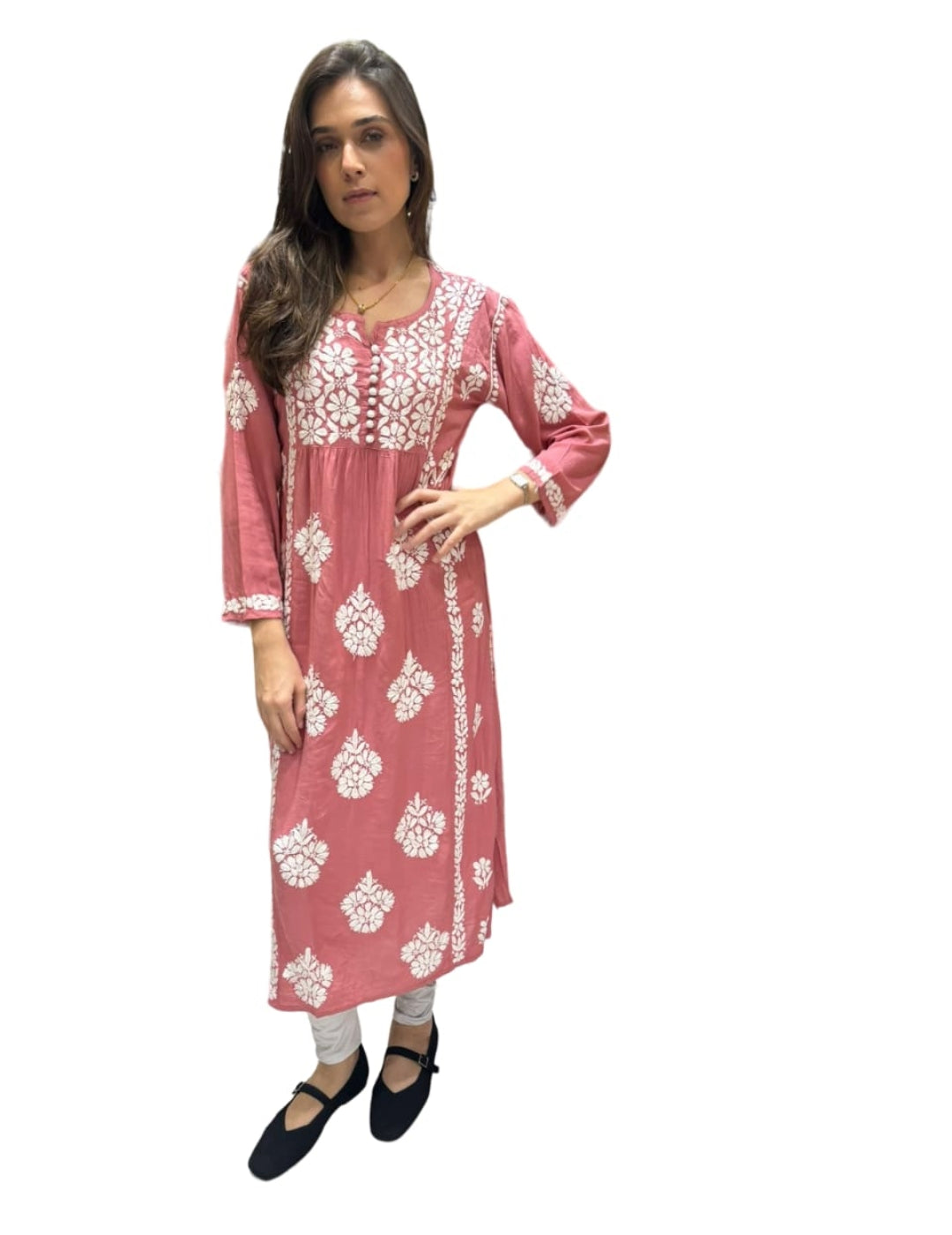 Peach Chikankari Naira Cut Kurti