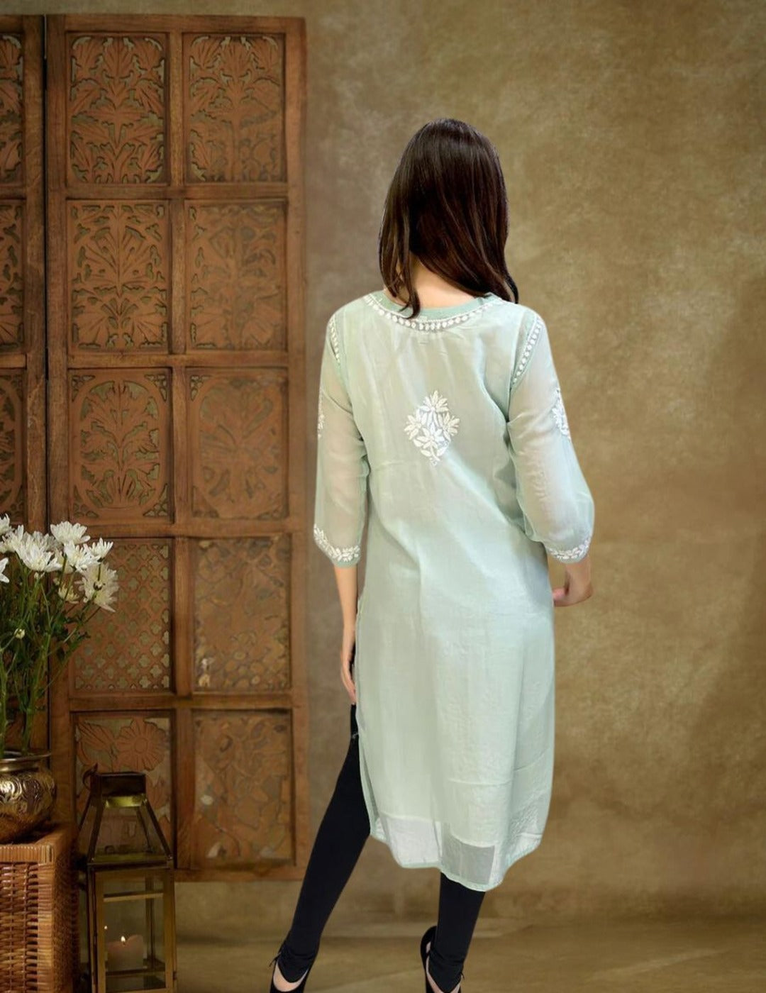 Green Chikankari Long Kurti