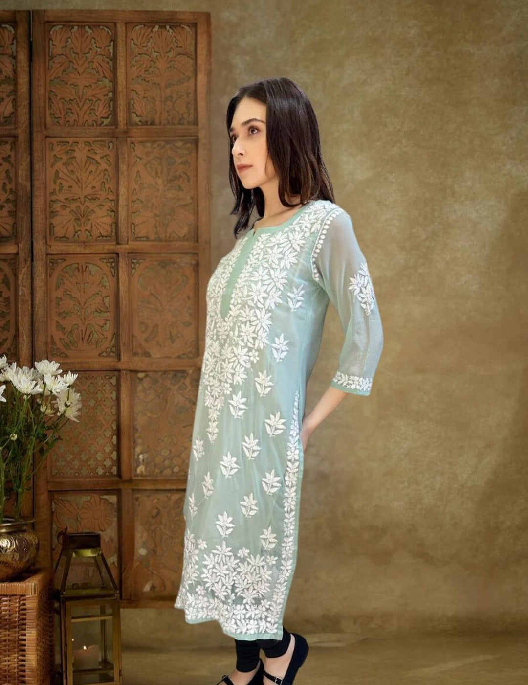 Green Chikankari Long Kurti