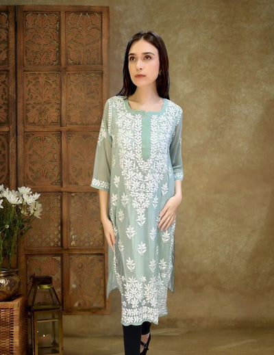 Green Chikankari Long Kurti