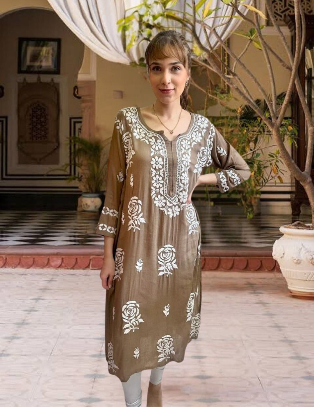 Dark Taupe Chikankari Straight Kurti