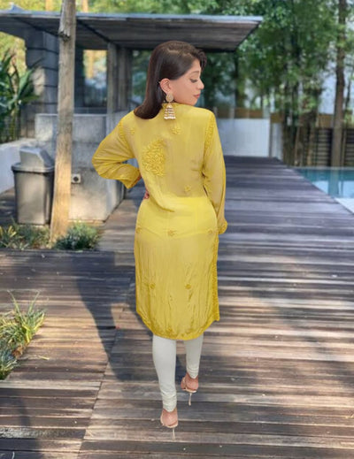 黄色丝绸 Chikankari Kurti