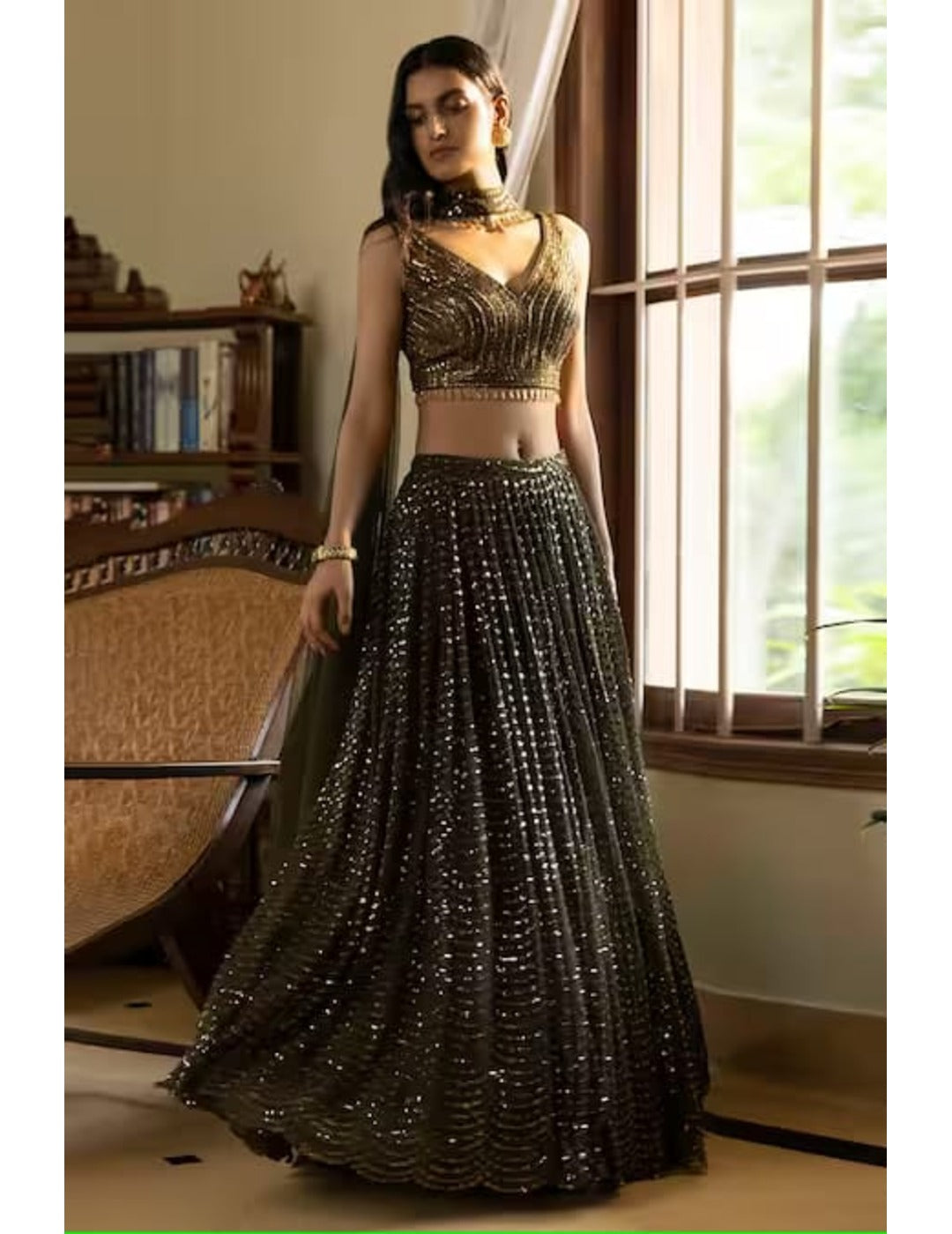 Green sequin-embroidered lehenga set