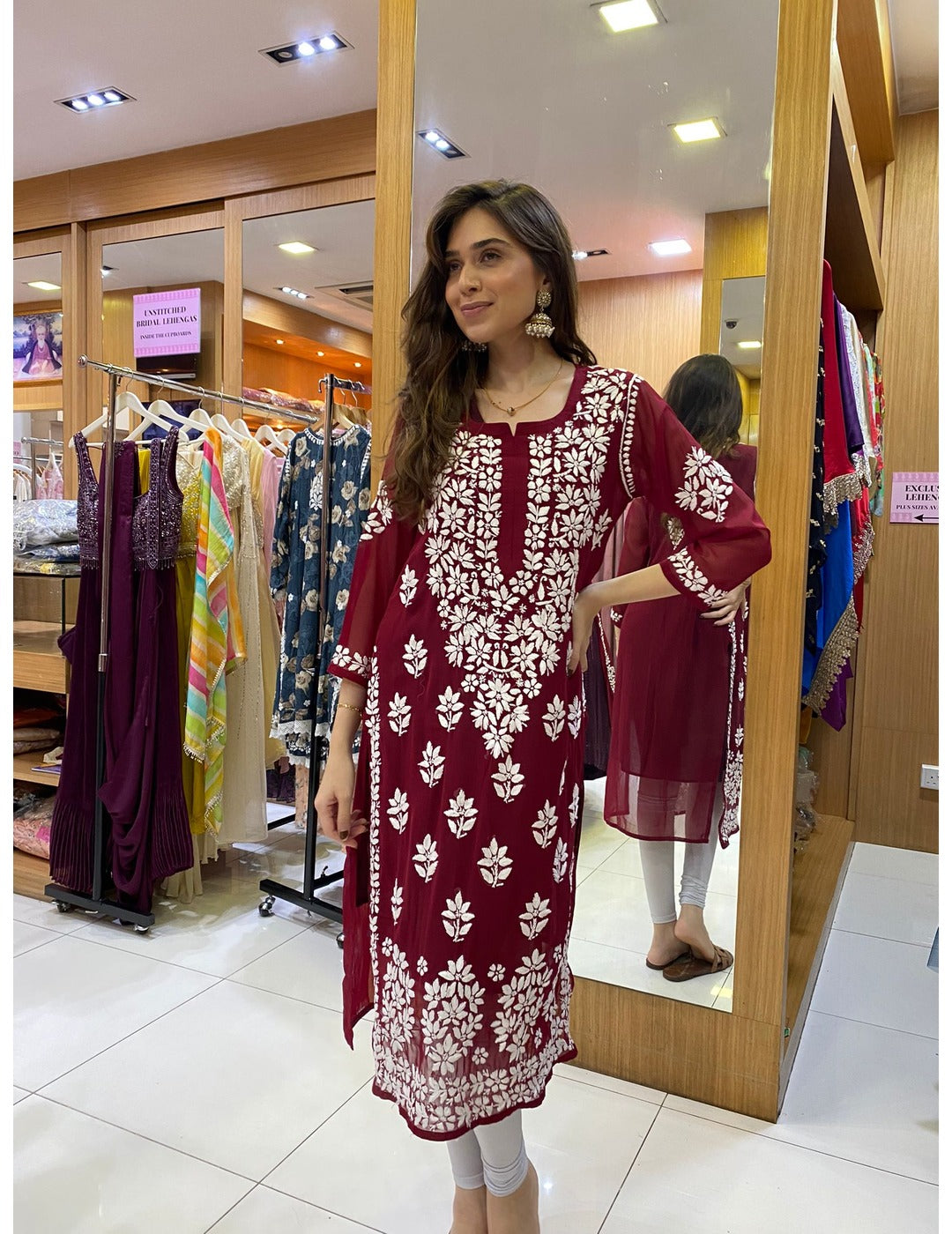 Maroon Chikankari Straight Kurta