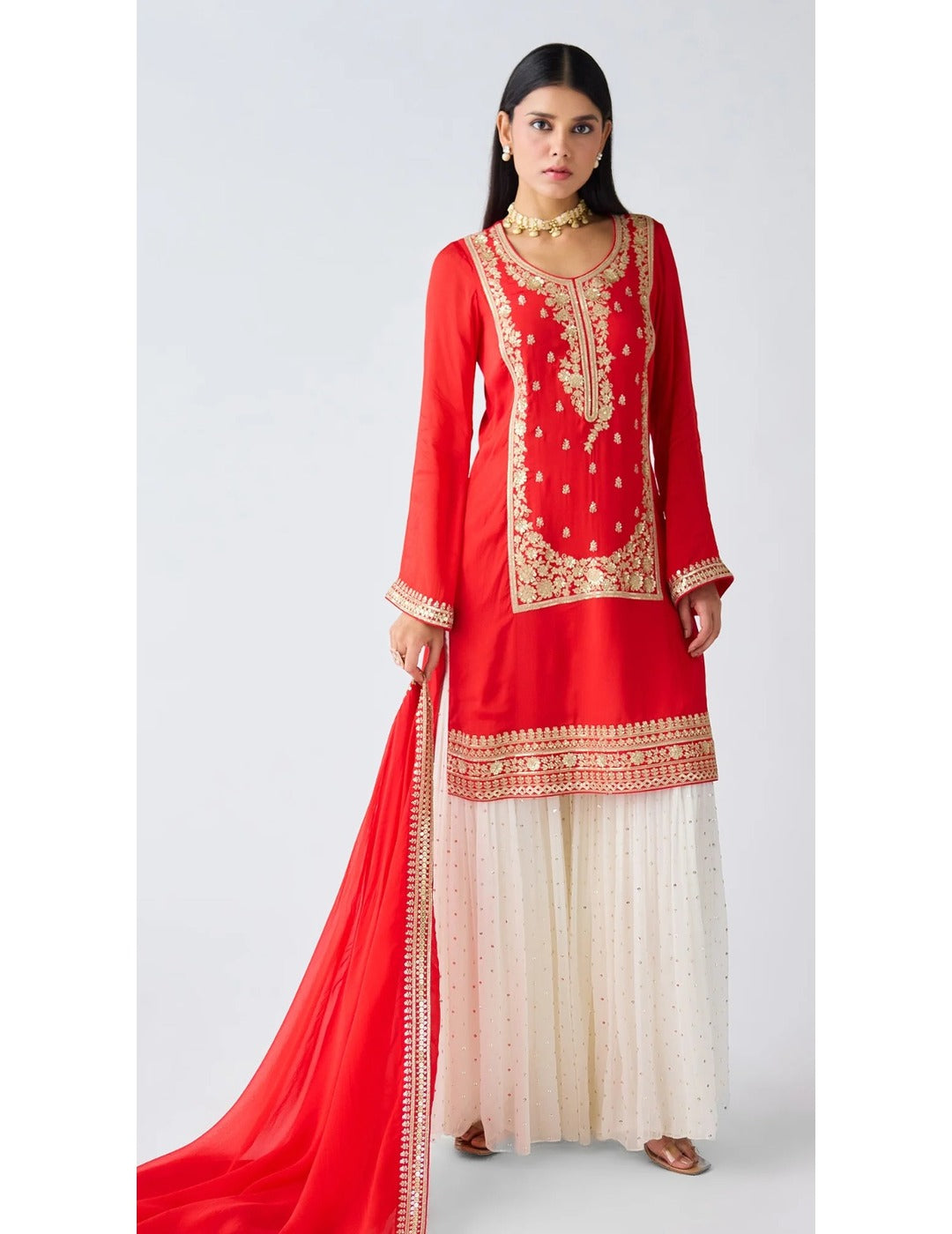 Red Zari Work Organza Sharara Set