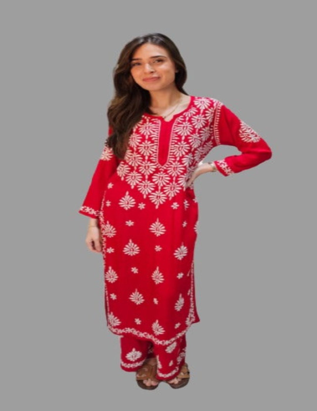 Red Chikankari Set