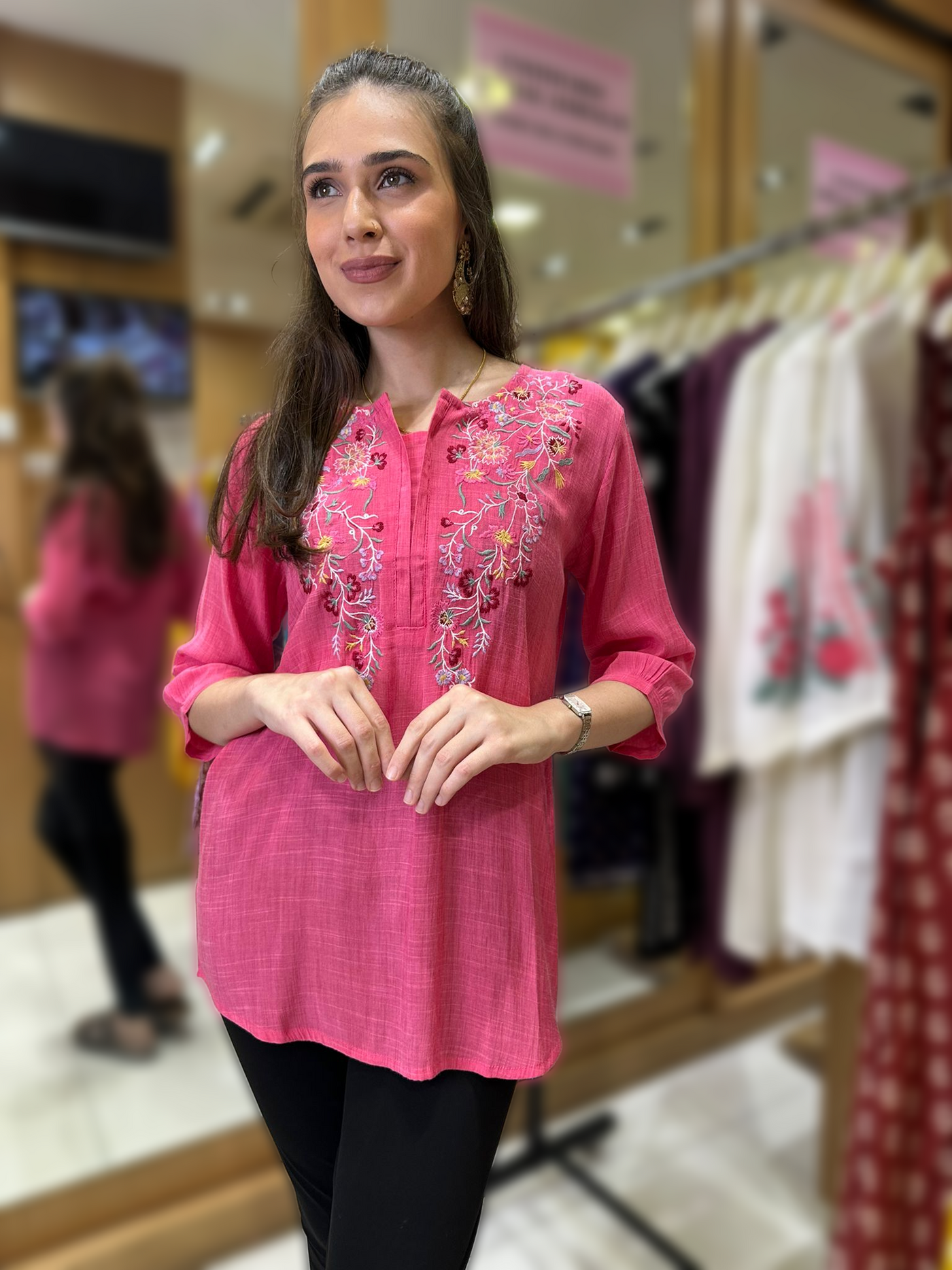 Available Till Size 50  Pink Floral Embroidered Tunic