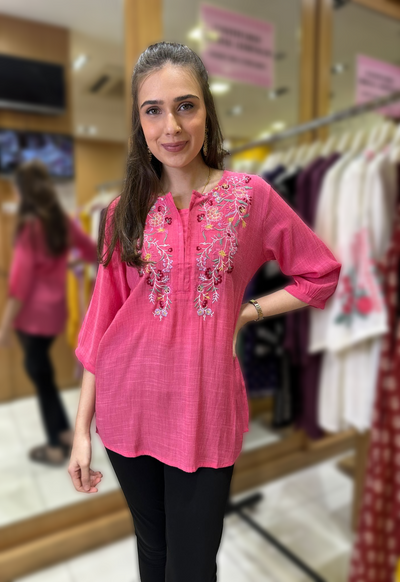 Available Till Size 50  Pink Floral Embroidered Tunic