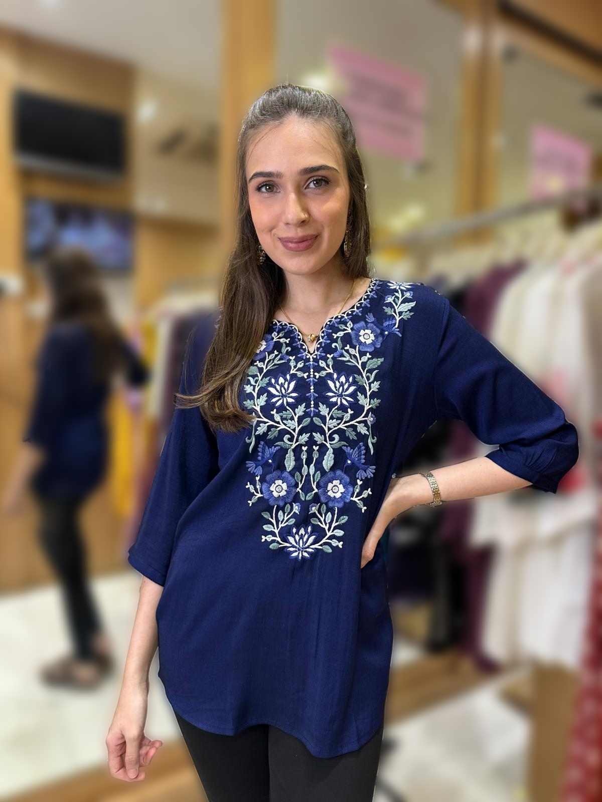 Dark Blue Floral Embroidered Tunic